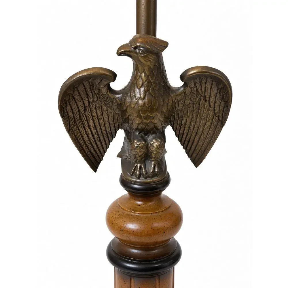 Vintage Wood Brass Table Lamp Eagle Finial Federal Style Americana Burlap Shade